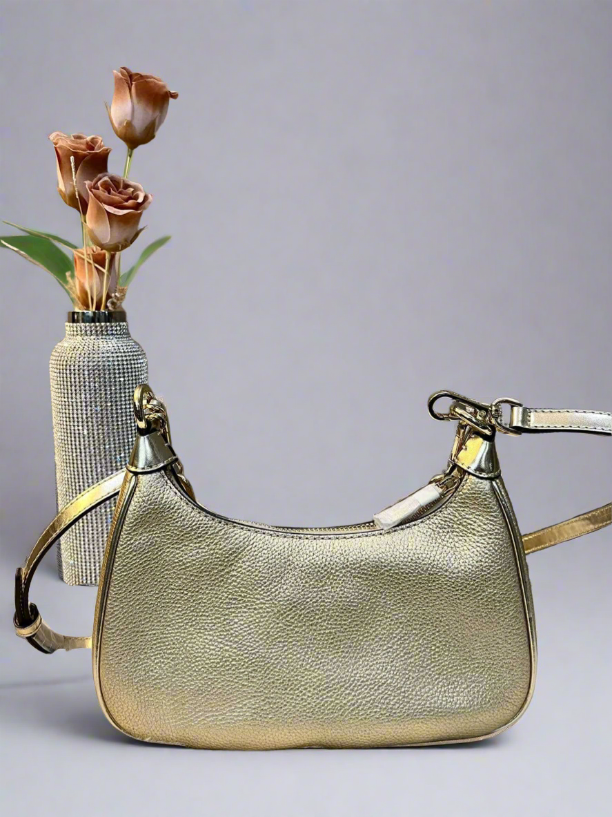 MICHAEL KORS CORA METALLIC LEATHER SHOULDER BAG - PALE GOLD