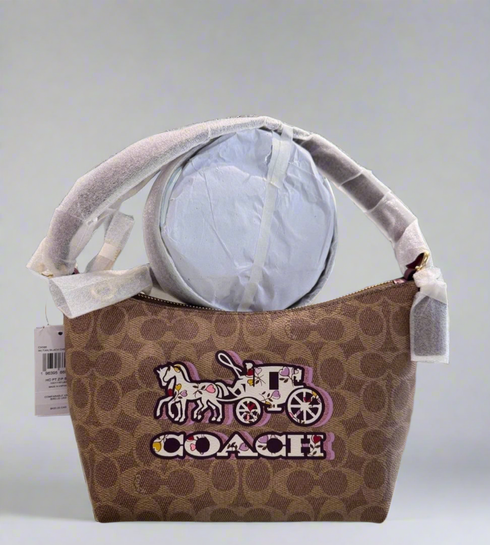 Coach Zip Top Shoulder Bag Signature Canvas & Leather Horse Carriage Print