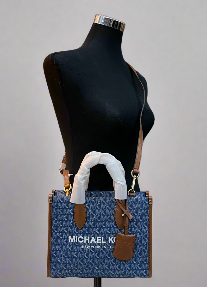 MICHAEL KORS MIRELLA SMALL SHOPPER TOP ZIP CROSSBODY BAG - DENIM MULTI LOGO