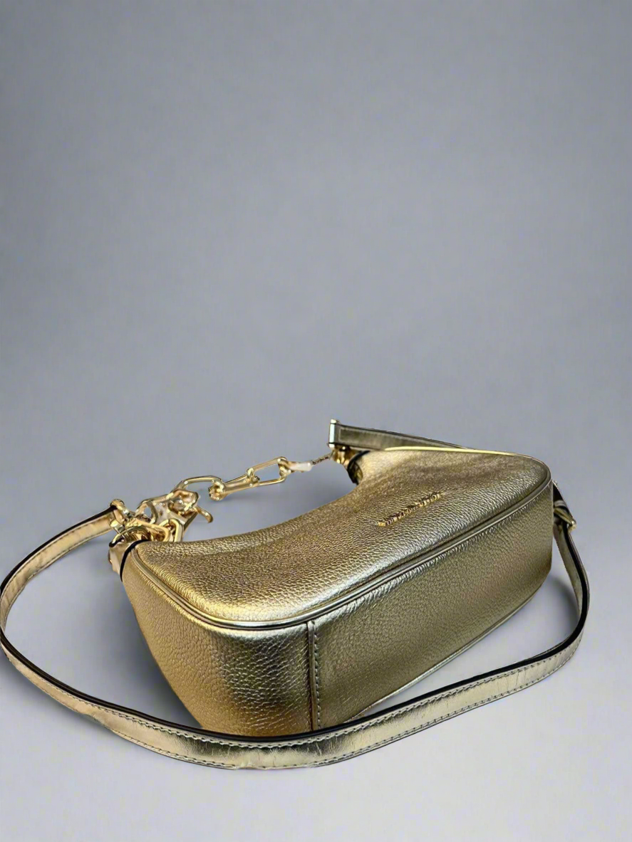 MICHAEL KORS CORA METALLIC LEATHER SHOULDER BAG - PALE GOLD