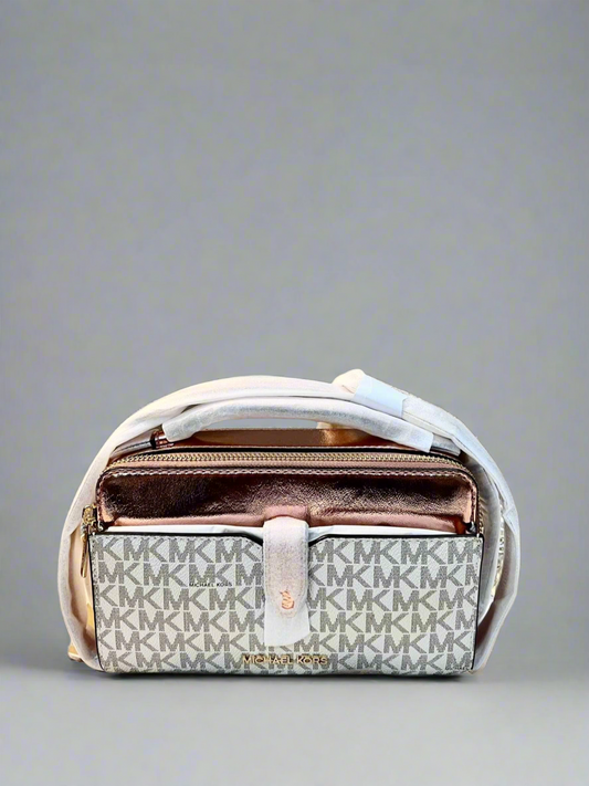 MICHAEL KORS JET SET METALLIC PRIMEROSE PINK DOUBLE ZIP SMARTPHONE CROSSBODY BAG