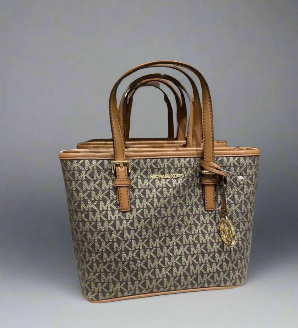 MICHAEL KORS XS JET SET CARRYALL TRAVEL ZIP TOTE - BLACK - BROWN MULTI WITH A TOUCH OF METTALIC GOLD