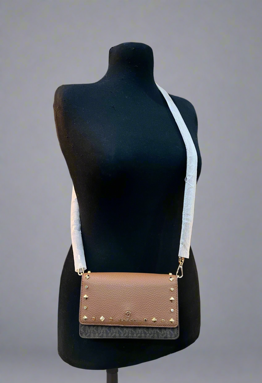 MICHAEL KORS JET SET SMALL STUDDED LOGO MOBILE CROSSBODY BAG ( RETAIL ITEM )