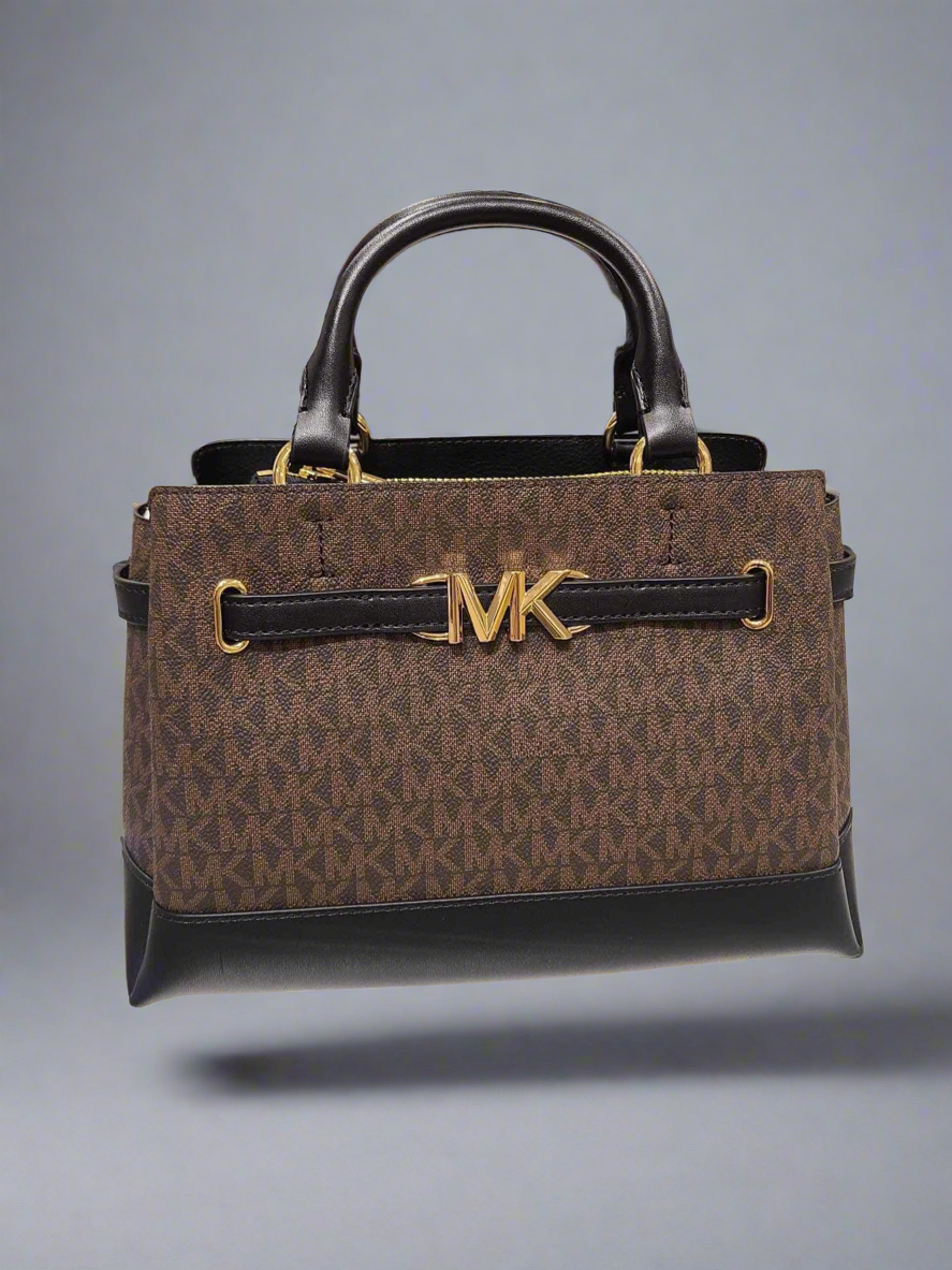 MICHAEL KORS REED SMALL BELTED LOGO SATCHEL IN BROWN BLACK