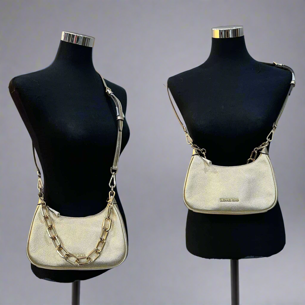 MICHAEL KORS CORA METALLIC LEATHER SHOULDER BAG - PALE GOLD