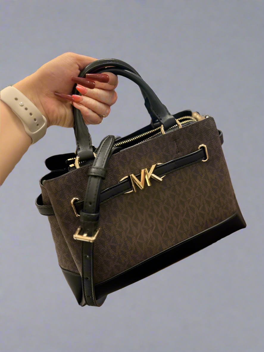 MICHAEL KORS REED SMALL BELTED LOGO SATCHEL IN BROWN BLACK