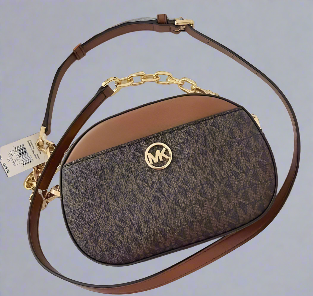 MICHAEL KORS JET SET GLAM OVAL SM CROSSBODY BAG - BROWN