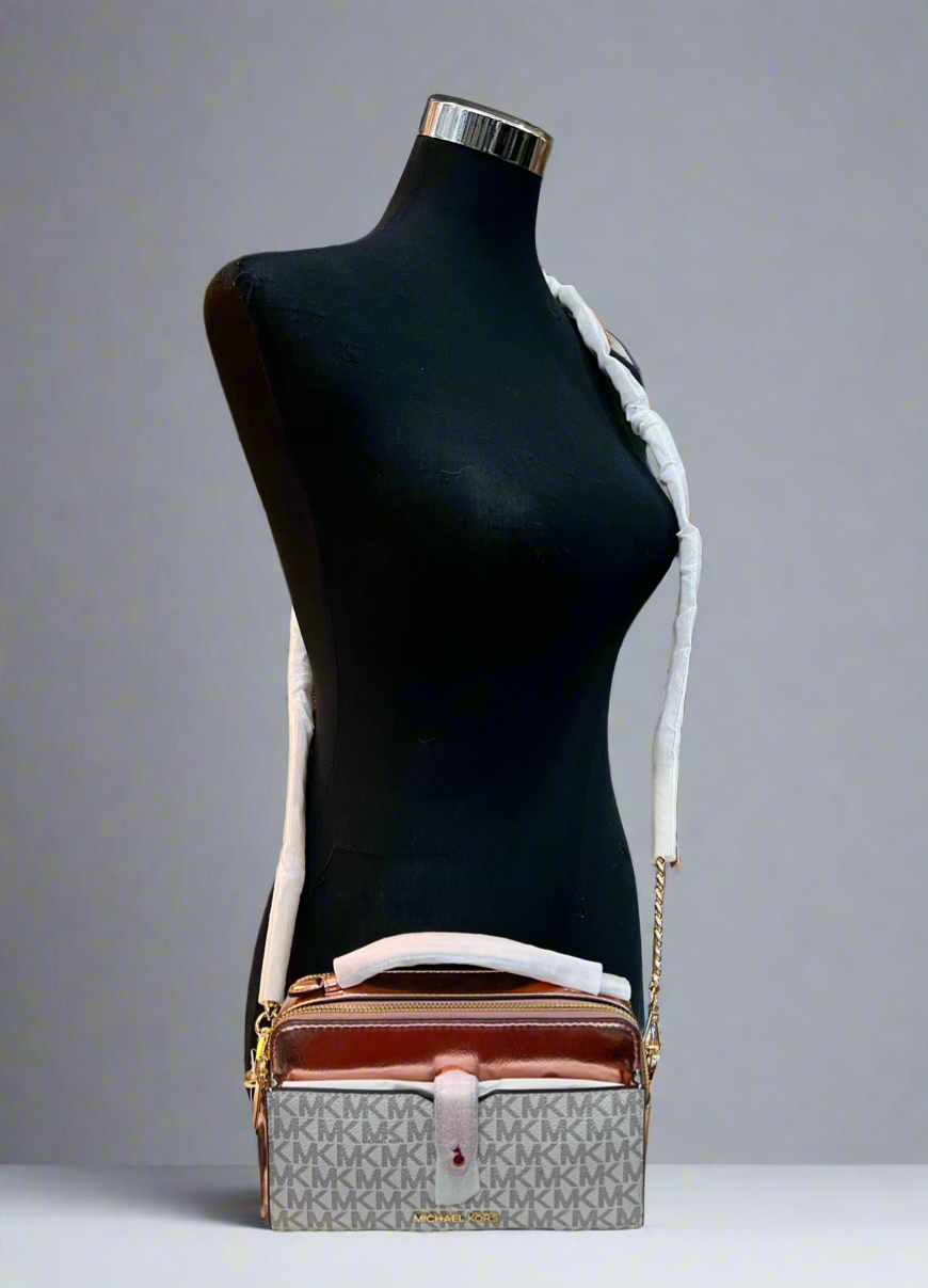 MICHAEL KORS JET SET METALLIC PRIMEROSE PINK DOUBLE ZIP SMARTPHONE CROSSBODY BAG
