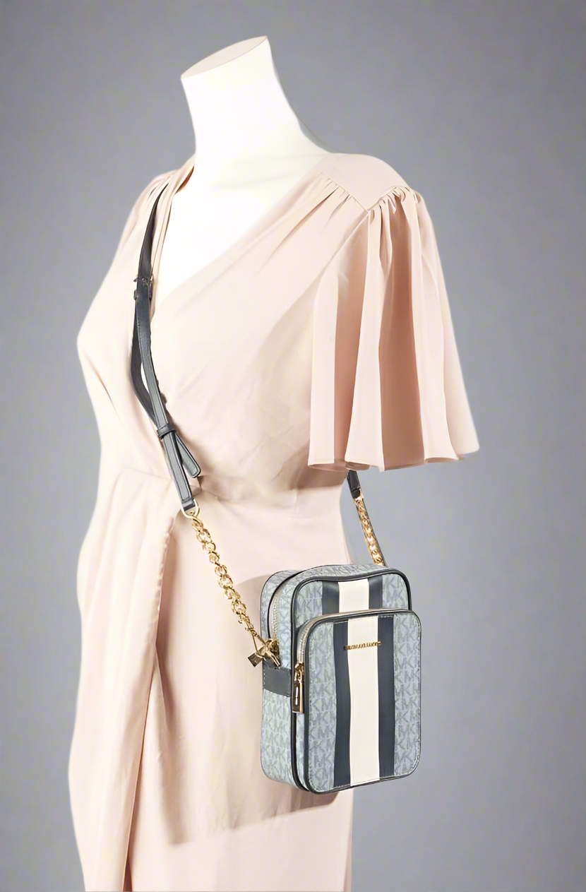 MICHAEL KORS - BELOW SRP WITH FLAWS IN FRONT - SLIGHT MARK LIKE PEN - JET SET TRAVEL LOGO STRIPE CROSSBODY BAG