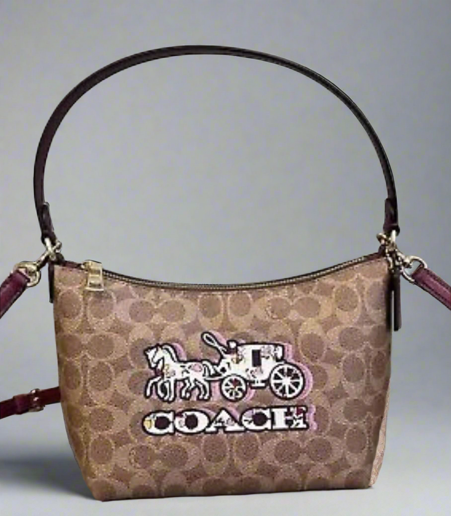 Coach Zip Top Shoulder Bag Signature Canvas & Leather Horse Carriage Print
