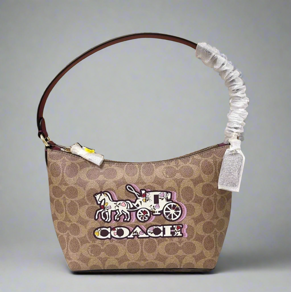Coach Zip Top Shoulder Bag Signature Canvas & Leather Horse Carriage Print