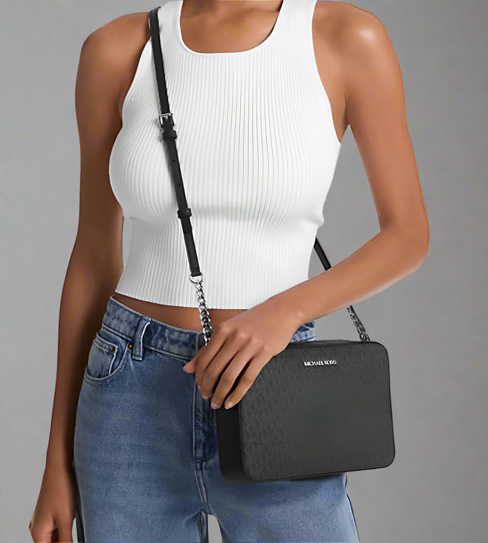 MICHAEL KORS EW JET SET CAMERA BAG MONOGRAM BLACK GREY - PVC LEATHER ( BOUTIQUE )