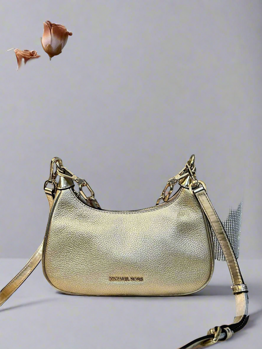 MICHAEL KORS CORA METALLIC LEATHER SHOULDER BAG - PALE GOLD