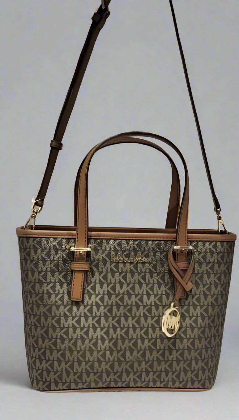 MICHAEL KORS XS JET SET CARRYALL TRAVEL ZIP TOTE - BLACK - BROWN MULTI WITH A TOUCH OF METTALIC GOLD