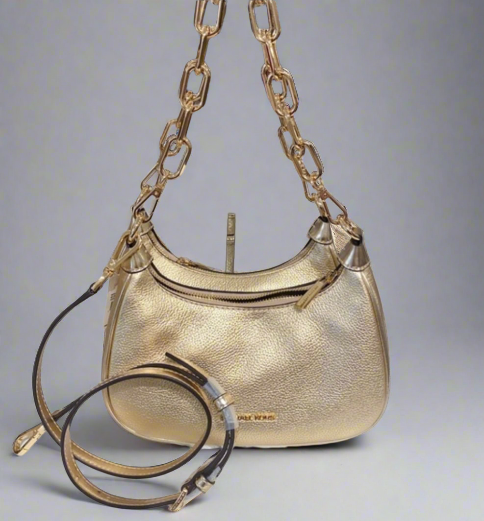 MICHAEL KORS CORA METALLIC LEATHER SHOULDER BAG - PALE GOLD