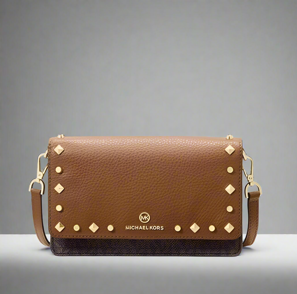 MICHAEL KORS JET SET SMALL STUDDED LOGO MOBILE CROSSBODY BAG ( RETAIL ITEM )