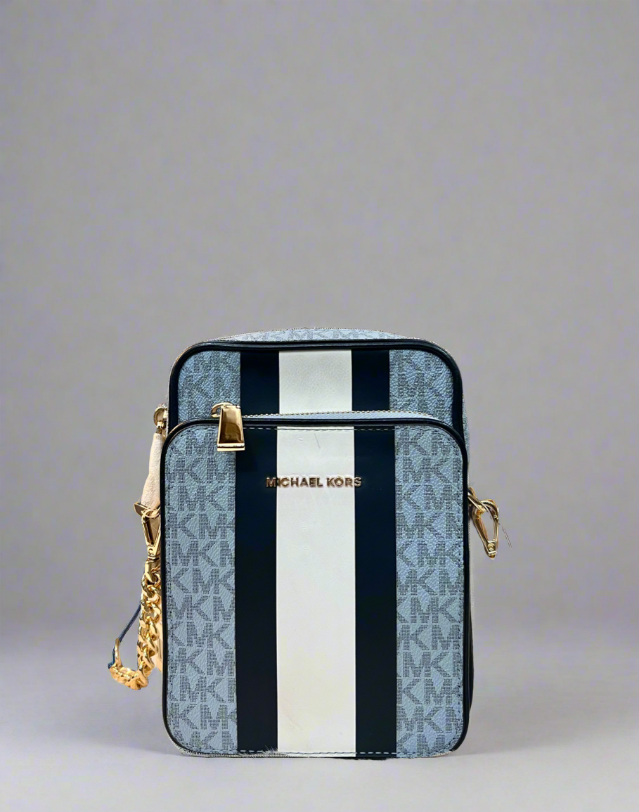 MICHAEL KORS - BELOW SRP WITH FLAWS IN FRONT - SLIGHT MARK LIKE PEN - JET SET TRAVEL LOGO STRIPE CROSSBODY BAG