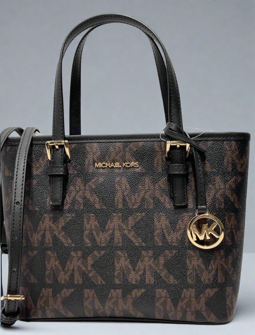 MICHAEL KORS JET SET TRAVEL ZIP TOTE XS LOGO - BROWN BLACK