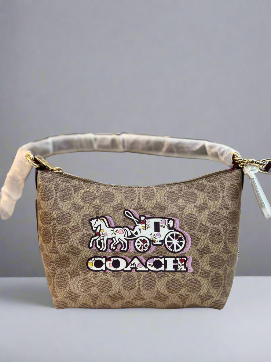 Coach Zip Top Shoulder Bag Signature Canvas & Leather Horse Carriage Print