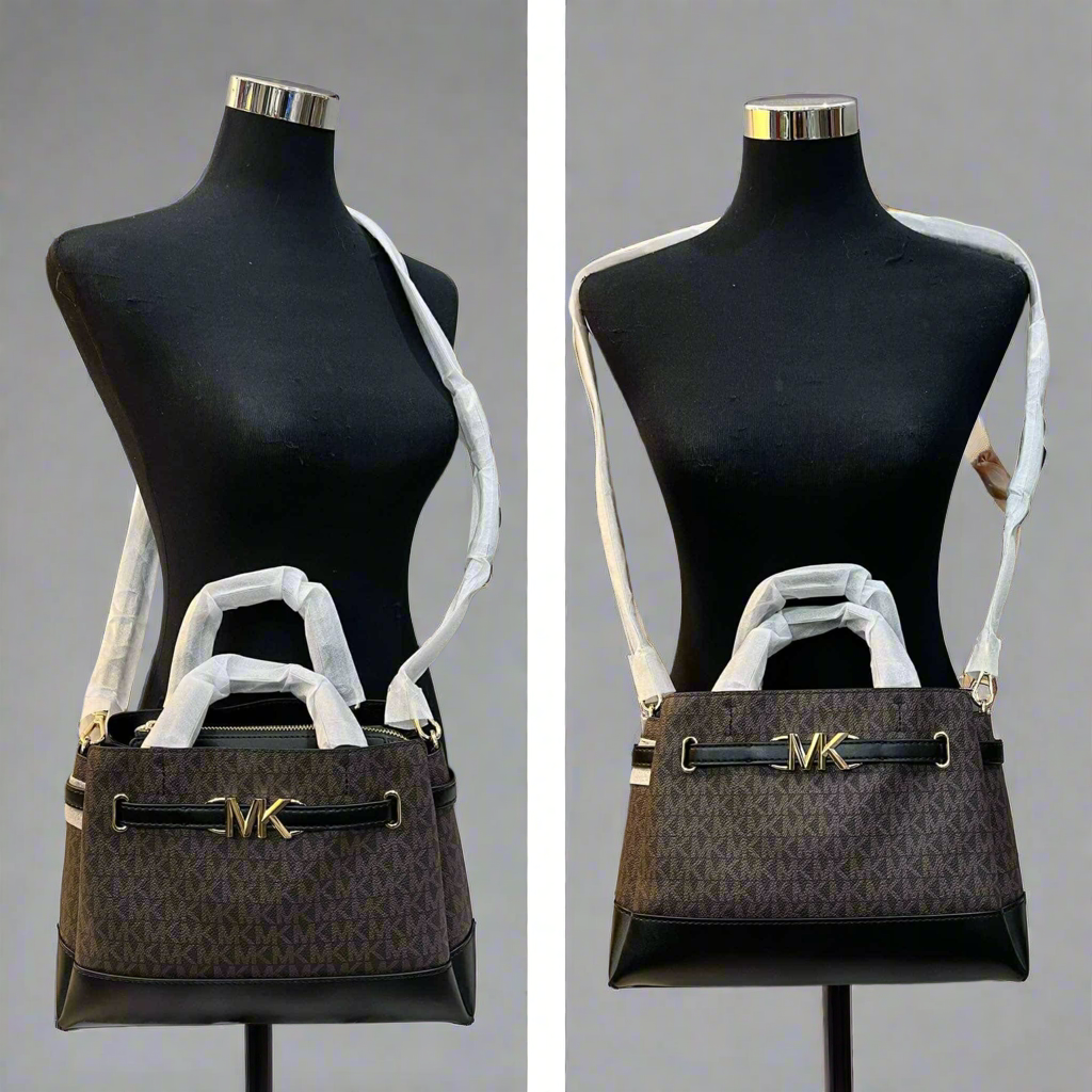 MICHAEL KORS REED SMALL BELTED LOGO SATCHEL IN BROWN BLACK