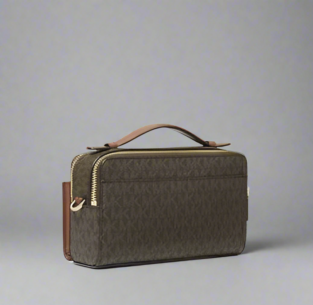 MICHAEL KORS SIGNATURE DOUBLE ZIP SMARTPHONE CROSSBODY - BROWN -ACORN