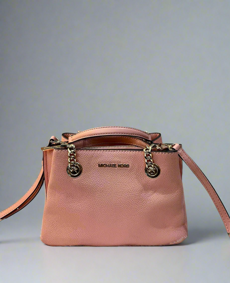 MICHAEL KORS SMALL TEAGEN LEATHER SATCHEL - PEACH