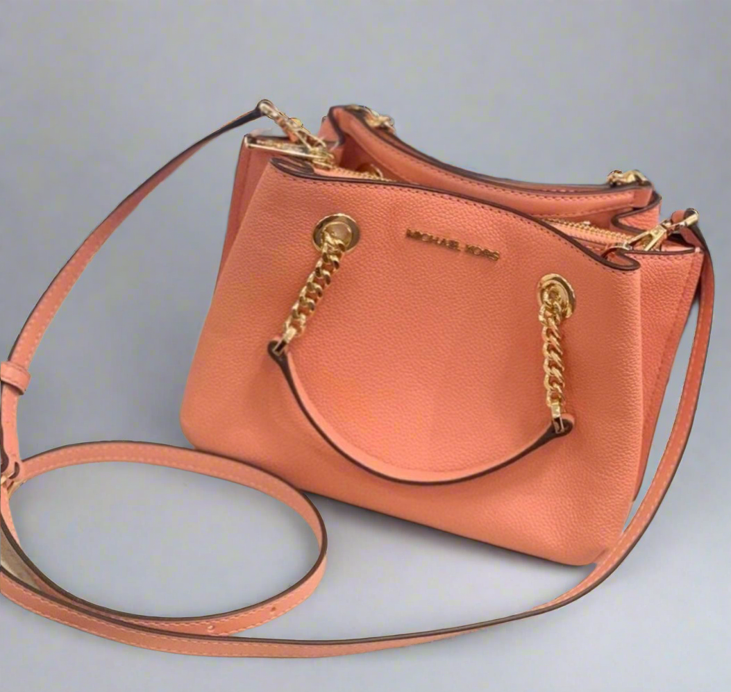 MICHAEL KORS SMALL TEAGEN LEATHER SATCHEL - PEACH