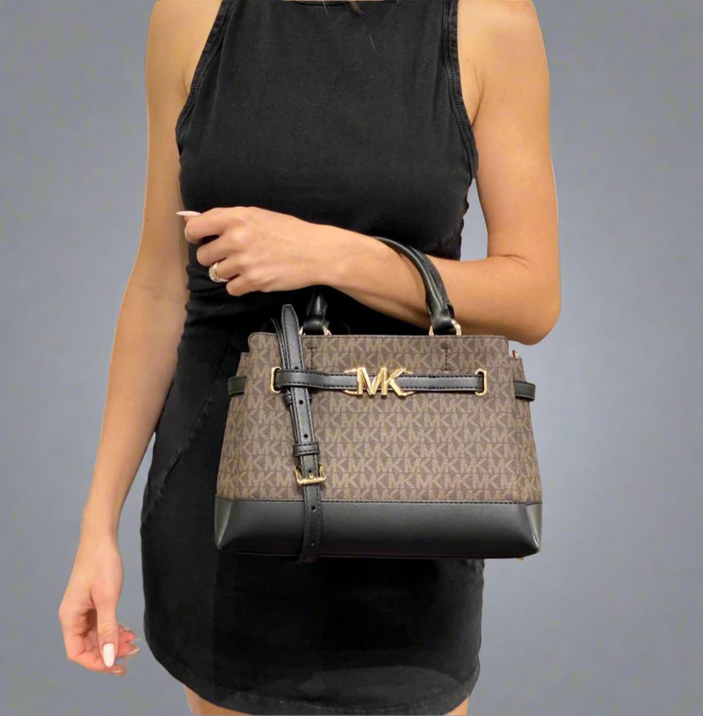 MICHAEL KORS REED SMALL BELTED LOGO SATCHEL IN BROWN BLACK