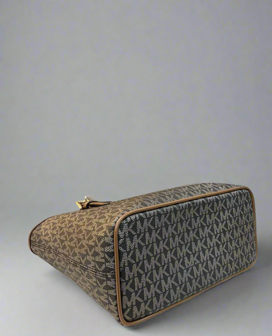 MICHAEL KORS XS JET SET CARRYALL TRAVEL ZIP TOTE - BLACK - BROWN MULTI WITH A TOUCH OF METTALIC GOLD