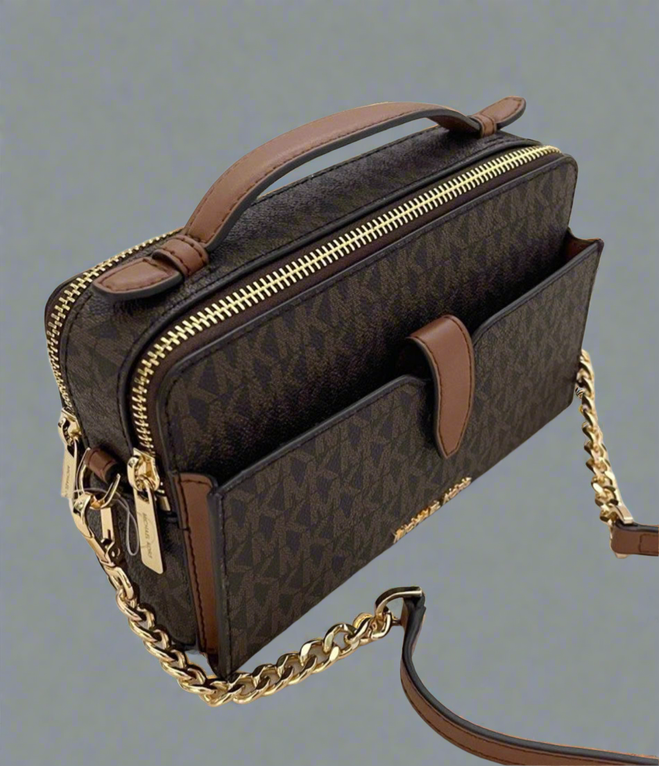 MICHAEL KORS SIGNATURE DOUBLE ZIP SMARTPHONE CROSSBODY - BROWN -ACORN