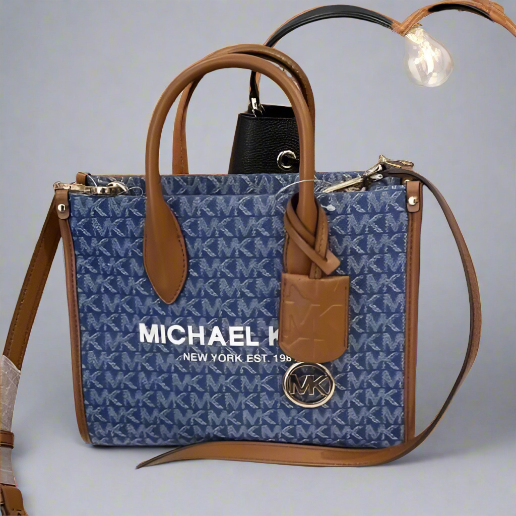 MICHAEL KORS MIRELLA SMALL SHOPPER TOP ZIP CROSSBODY BAG - DENIM MULTI LOGO