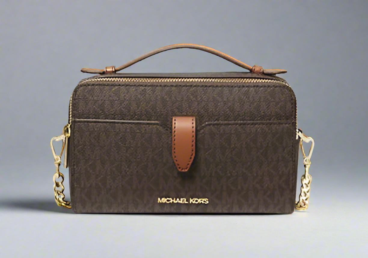 MICHAEL KORS SIGNATURE DOUBLE ZIP SMARTPHONE CROSSBODY - BROWN -ACORN