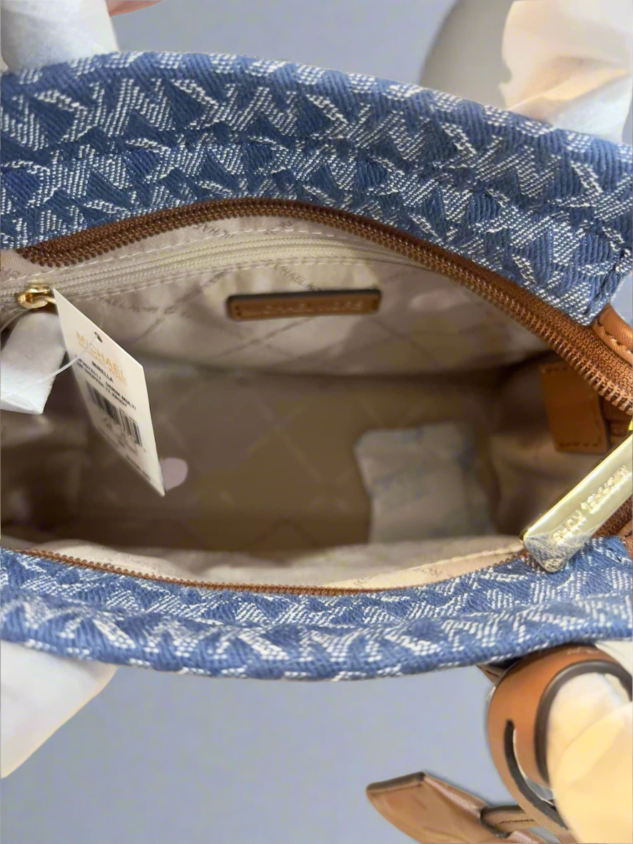 MICHAEL KORS MIRELLA SMALL SHOPPER TOP ZIP CROSSBODY BAG - DENIM MULTI LOGO
