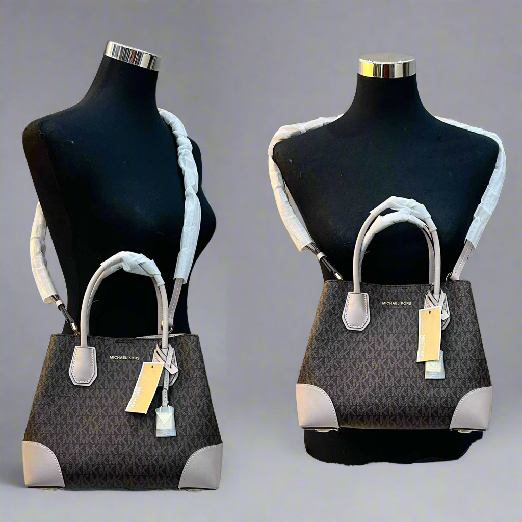 MICHAEL KORS MERCER GALLERY MEDIUM LOGO SATCHEL BAG - BROWN/SOFT PINK