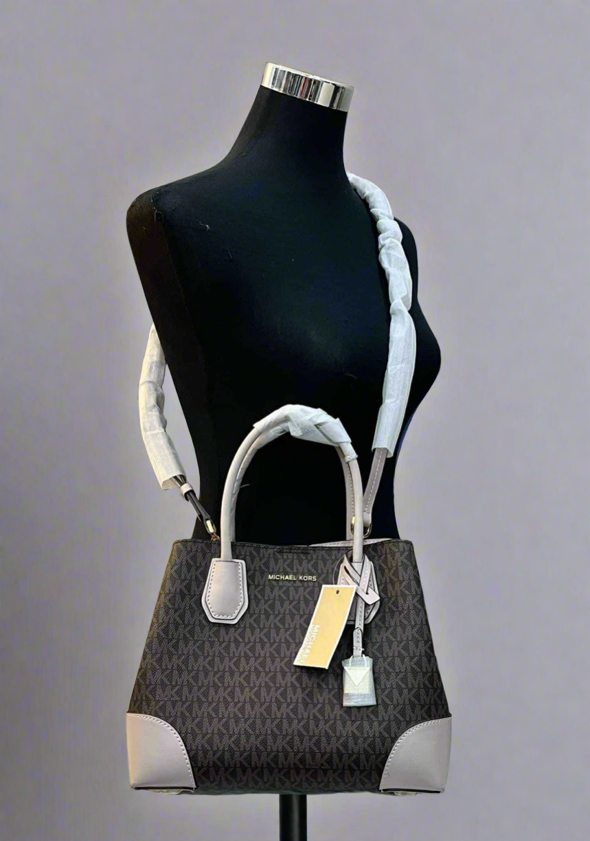 MICHAEL KORS MERCER GALLERY MEDIUM LOGO SATCHEL BAG - BROWN/SOFT PINK