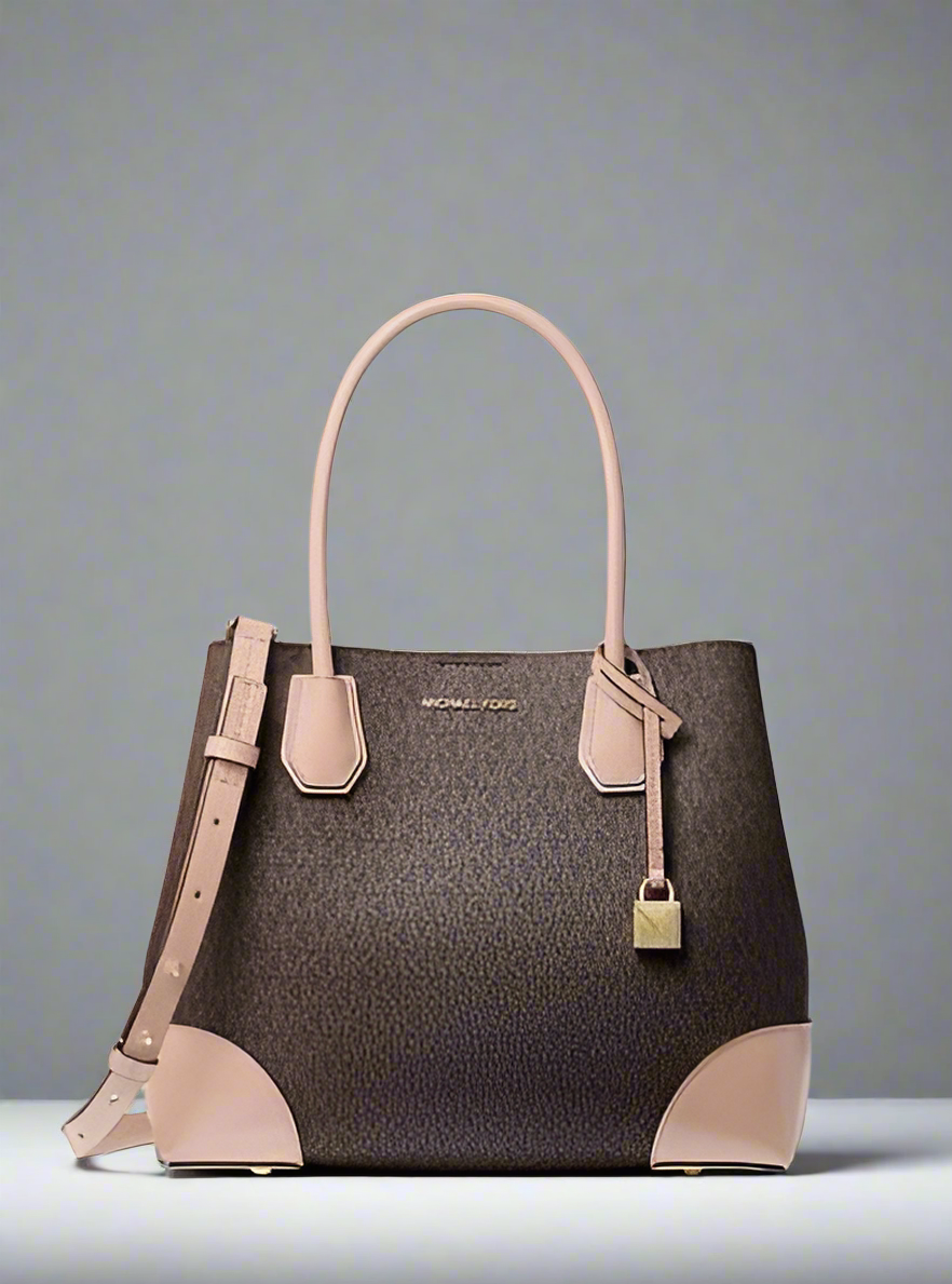 MICHAEL KORS MERCER GALLERY MEDIUM LOGO SATCHEL BAG - BROWN/SOFT PINK