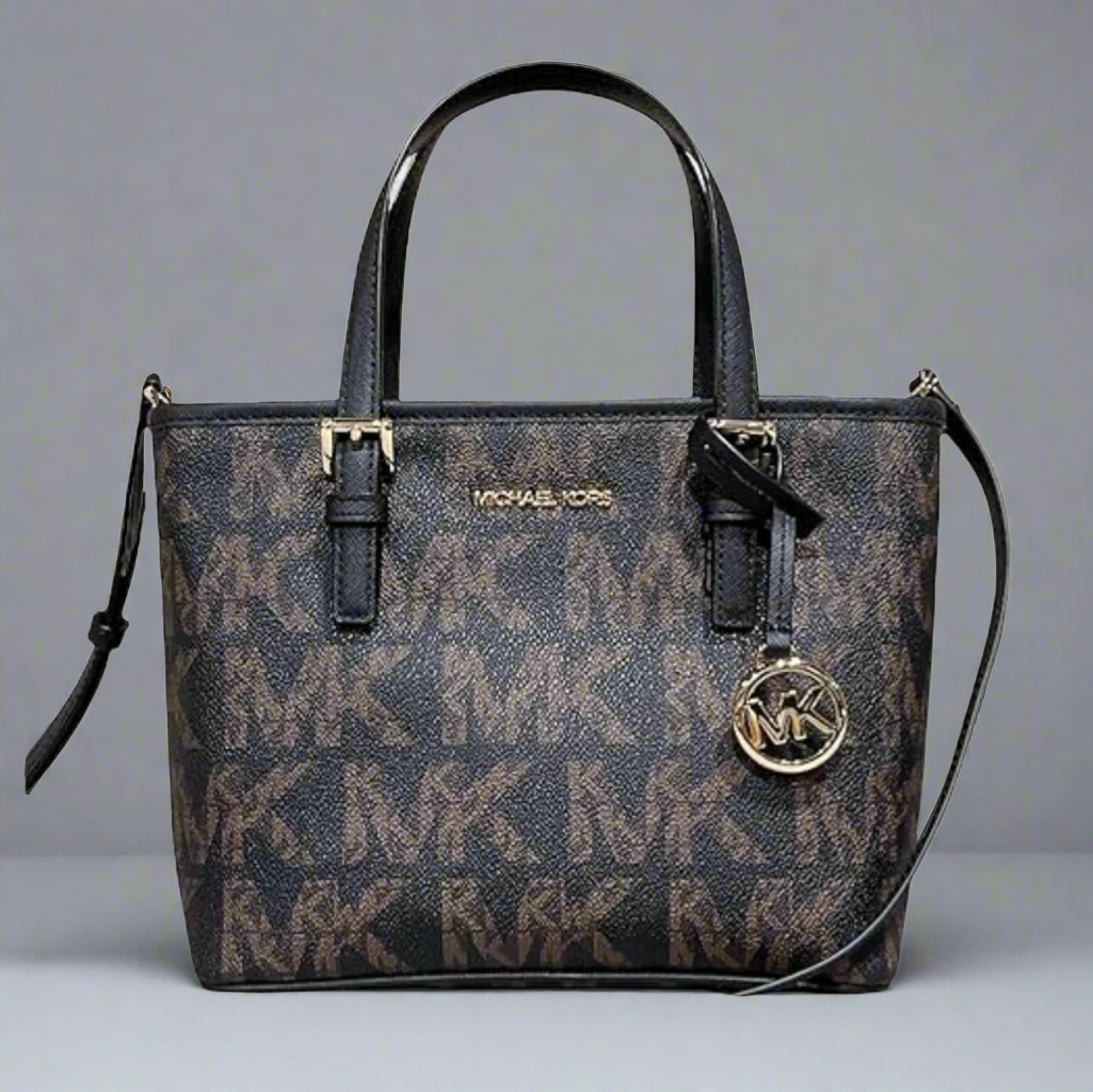 MICHAEL KORS JET SET TRAVEL ZIP TOTE XS LOGO - BROWN BLACK