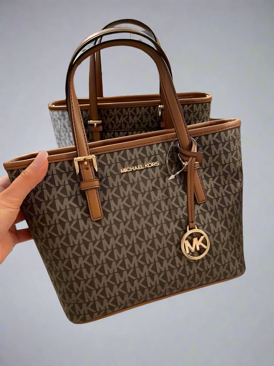 MICHAEL KORS XS JET SET CARRYALL TRAVEL ZIP TOTE - BLACK - BROWN MULTI WITH A TOUCH OF METTALIC GOLD