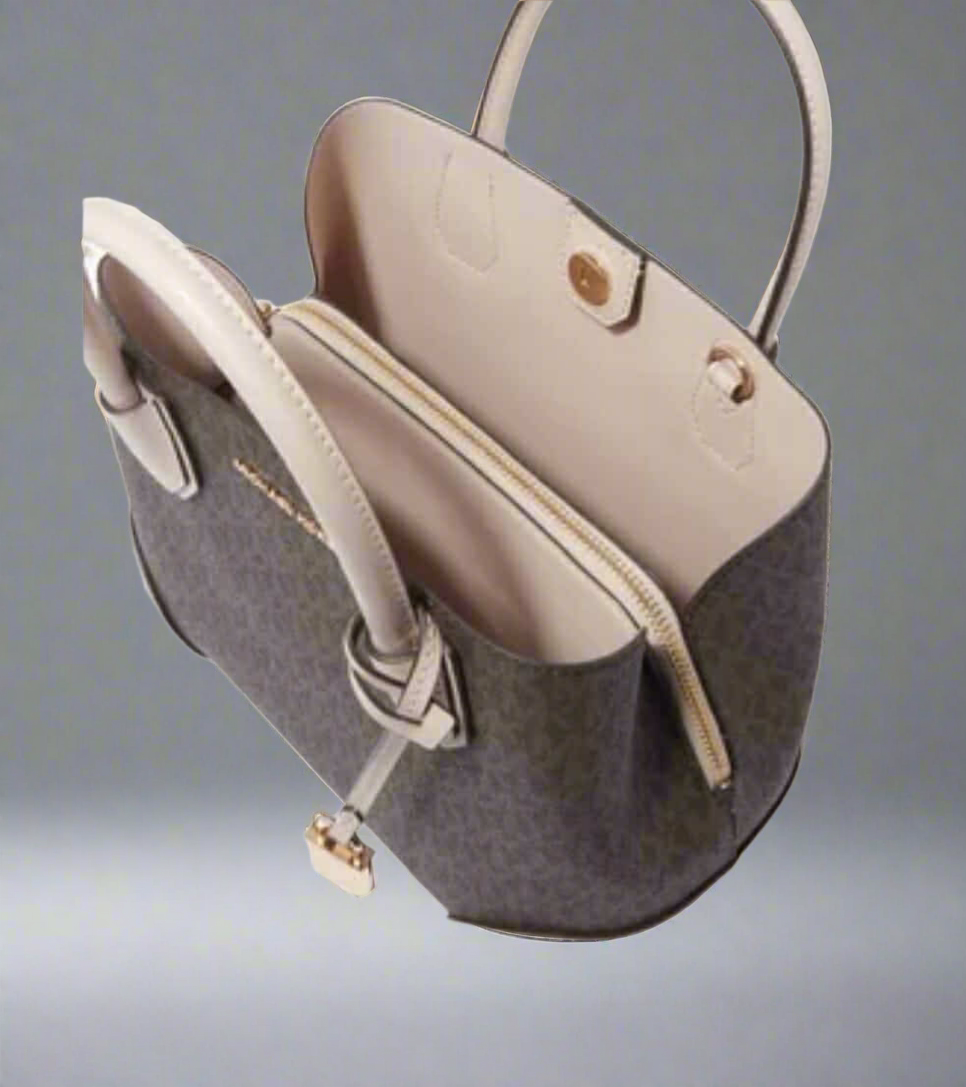 MICHAEL KORS MERCER GALLERY MEDIUM LOGO SATCHEL BAG - BROWN/SOFT PINK