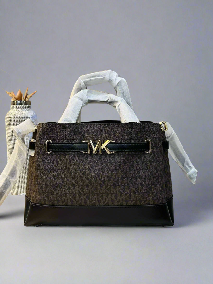 MICHAEL KORS REED SMALL BELTED LOGO SATCHEL IN BROWN BLACK