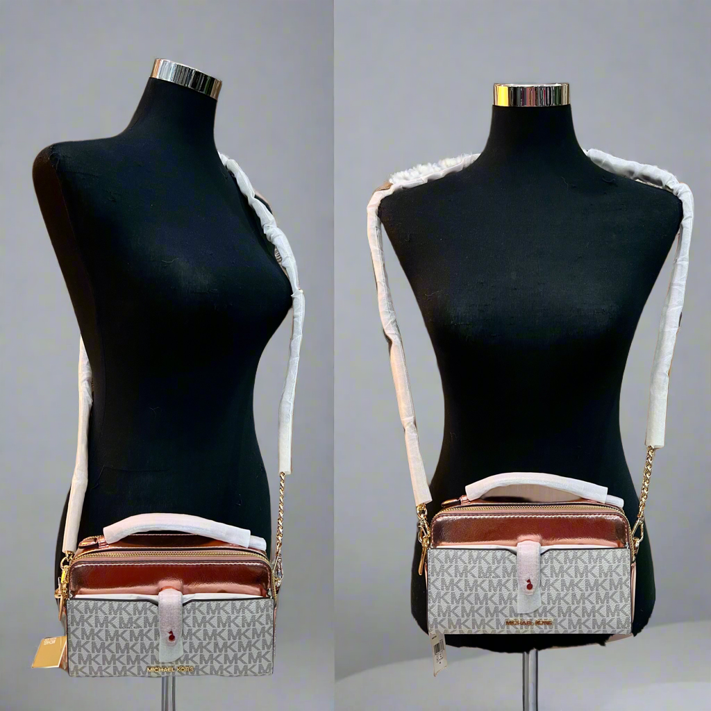 MICHAEL KORS JET SET METALLIC PRIMEROSE PINK DOUBLE ZIP SMARTPHONE CROSSBODY BAG