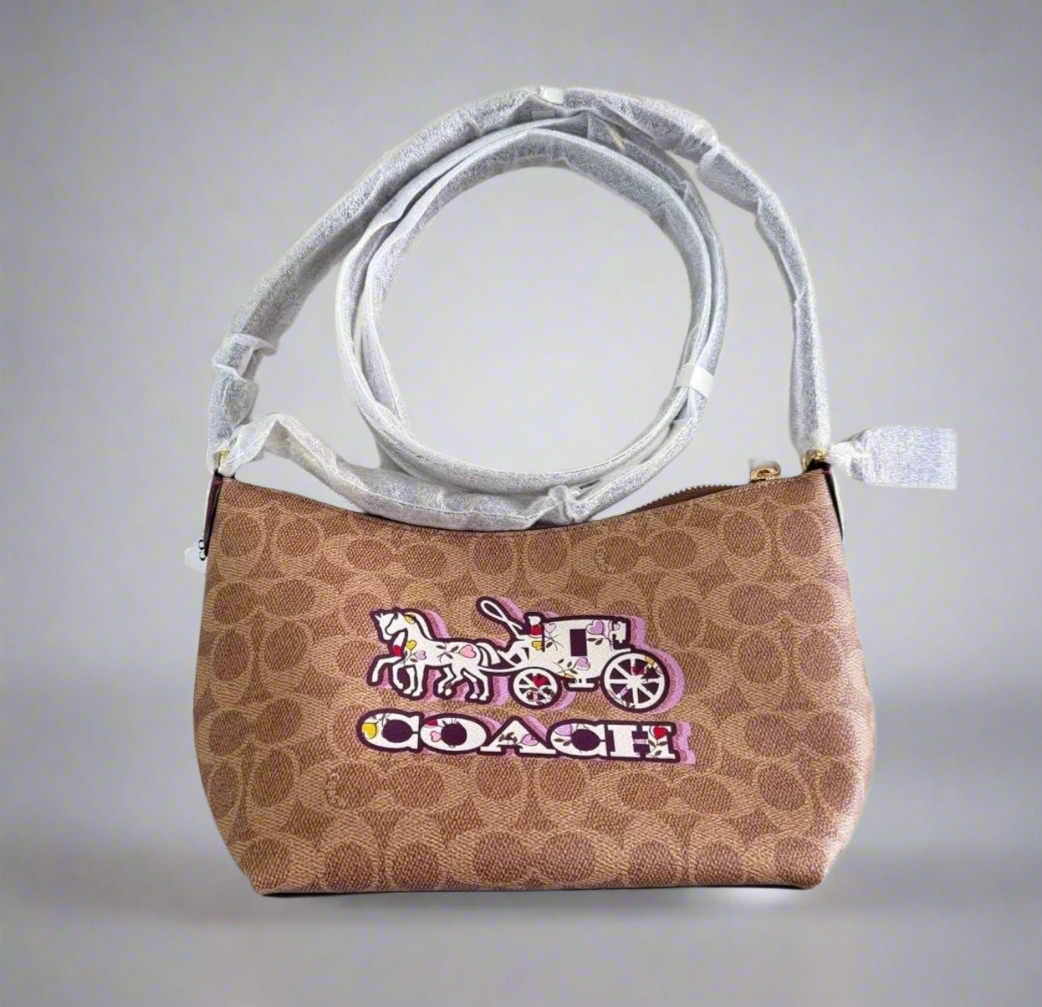 Coach Zip Top Shoulder Bag Signature Canvas & Leather Horse Carriage Print