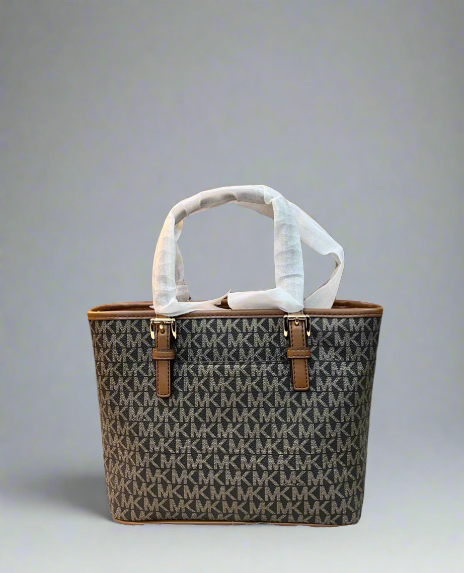 MICHAEL KORS XS JET SET CARRYALL TRAVEL ZIP TOTE - BLACK - BROWN MULTI WITH A TOUCH OF METTALIC GOLD