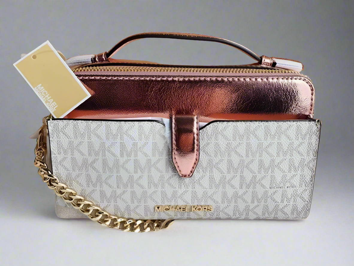 MICHAEL KORS JET SET METALLIC PRIMEROSE PINK DOUBLE ZIP SMARTPHONE CROSSBODY BAG