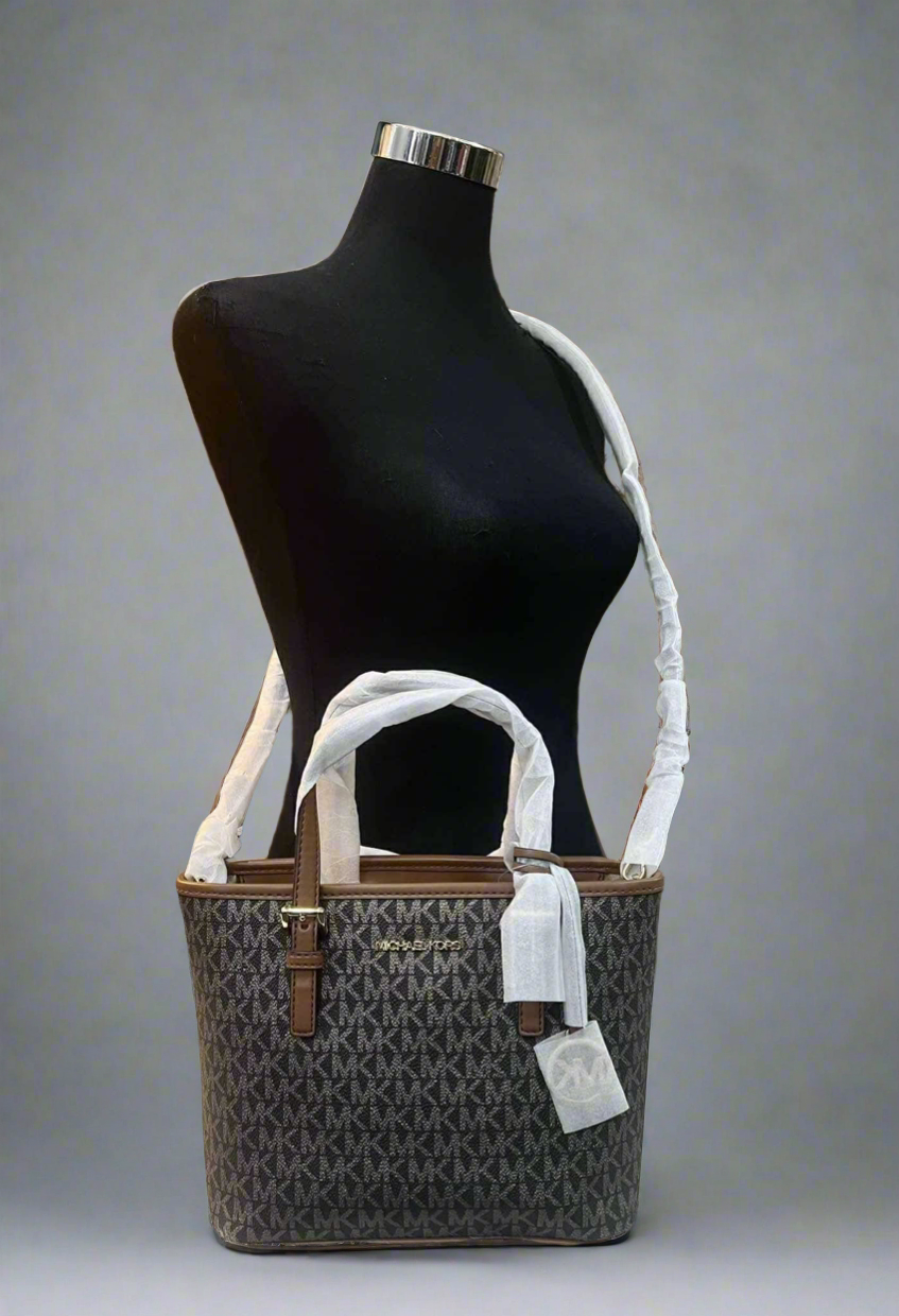 MICHAEL KORS XS JET SET CARRYALL TRAVEL ZIP TOTE - BLACK - BROWN MULTI WITH A TOUCH OF METTALIC GOLD