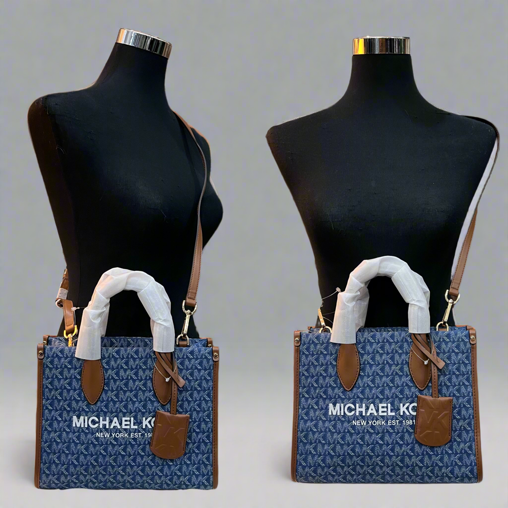 MICHAEL KORS MIRELLA SMALL SHOPPER TOP ZIP CROSSBODY BAG - DENIM MULTI LOGO