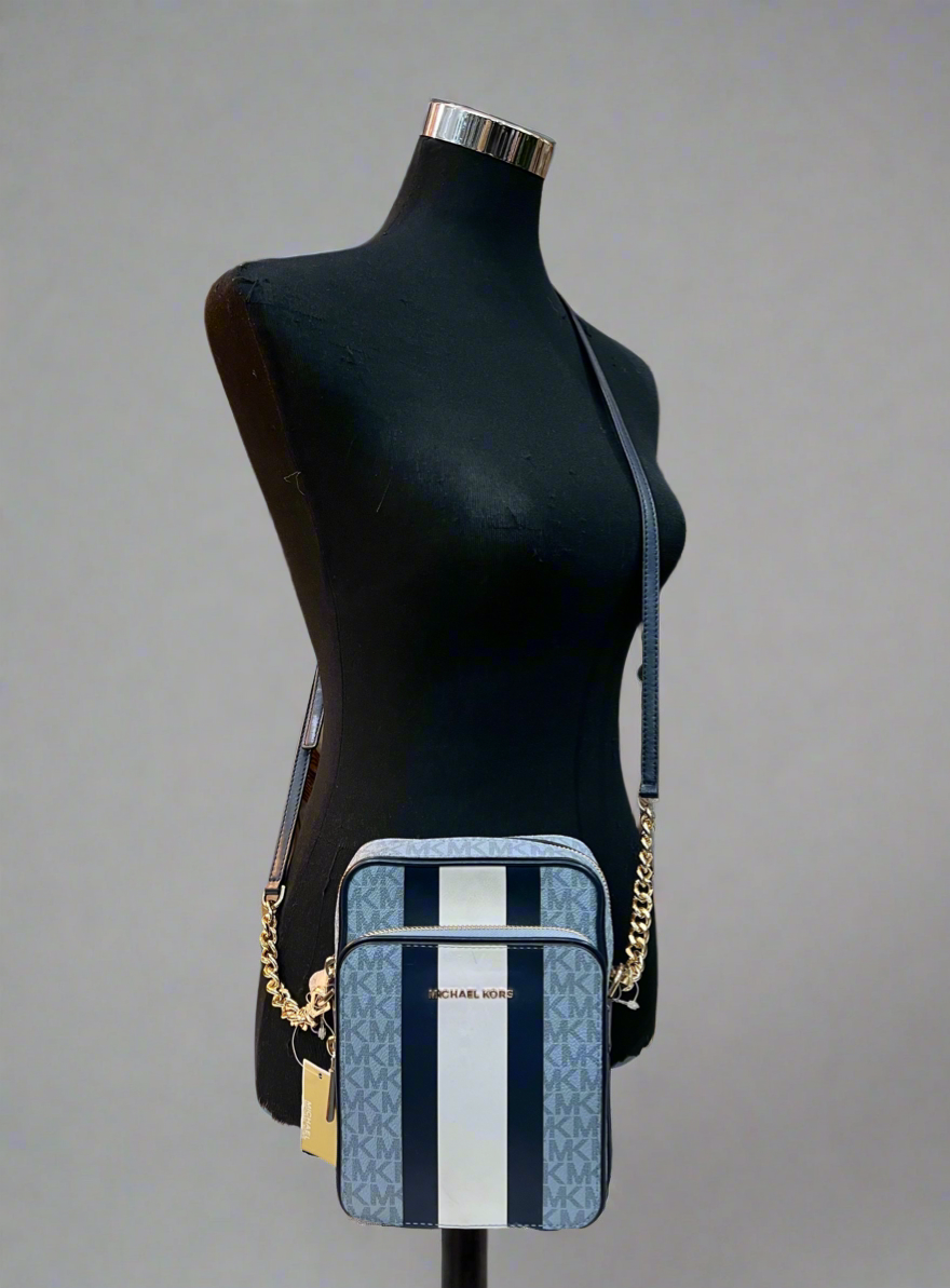 MICHAEL KORS - BELOW SRP WITH FLAWS IN FRONT - SLIGHT MARK LIKE PEN - JET SET TRAVEL LOGO STRIPE CROSSBODY BAG