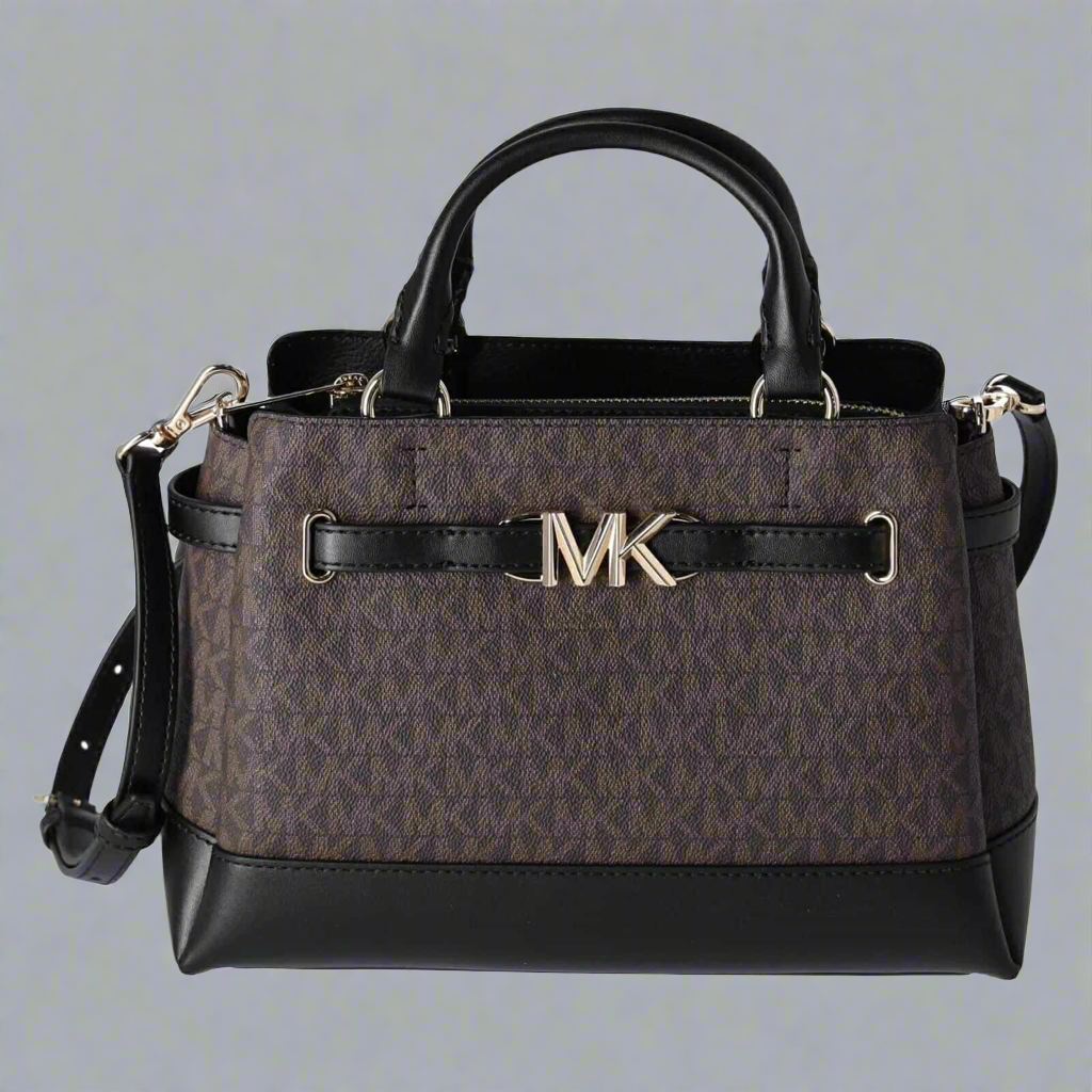 MICHAEL KORS REED SMALL BELTED LOGO SATCHEL IN BROWN BLACK