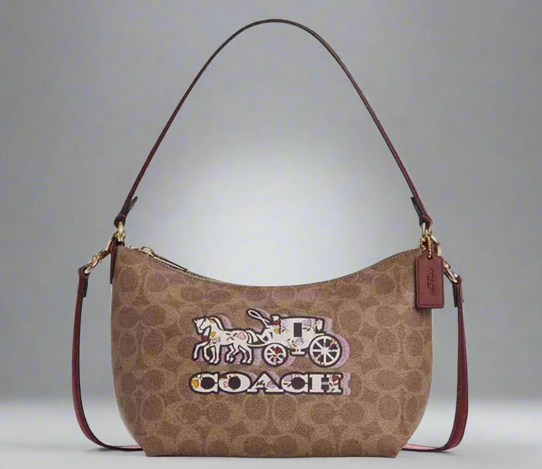 Coach Zip Top Shoulder Bag Signature Canvas & Leather Horse Carriage Print
