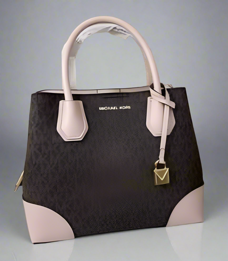 MICHAEL KORS MERCER GALLERY MEDIUM LOGO SATCHEL BAG - BROWN/SOFT PINK